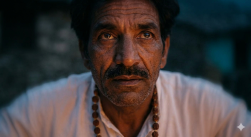 Person wearing beads, blurred face.