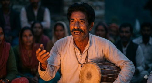 Musician playing drum around fire