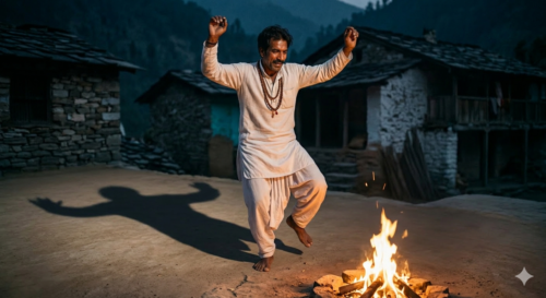 Person dancing near a campfire.