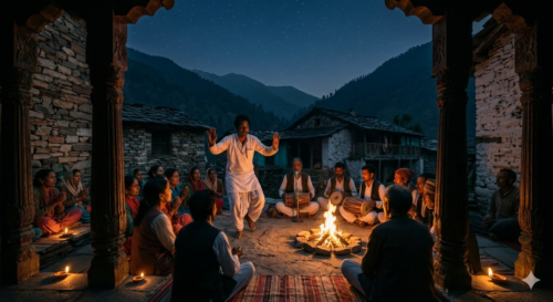 Nighttime gathering around a campfire