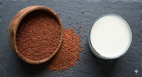 Bowl of millet next to milk