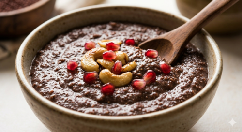 Bowl of chocolate porridge with toppings
