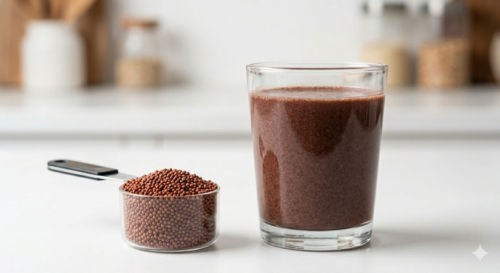 Glass of brown liquid with seeds